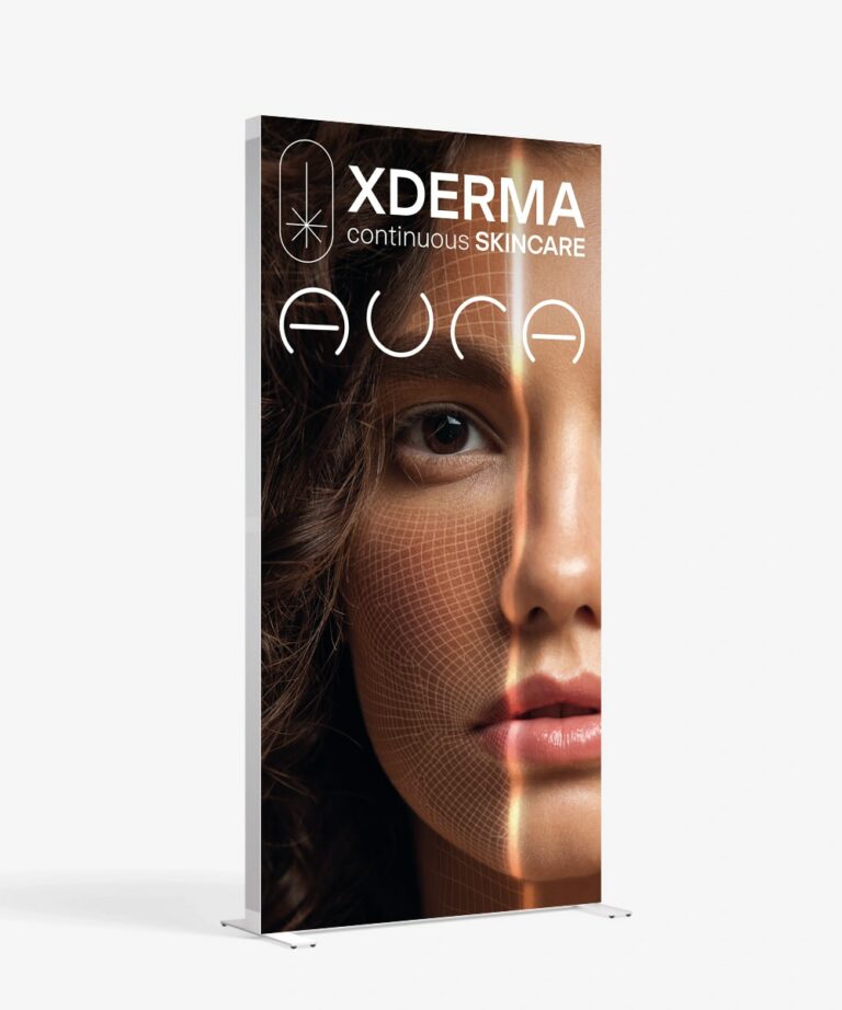 Totem publicitaire X-Derma lancement AURA Congrès AIME PARIS 2025